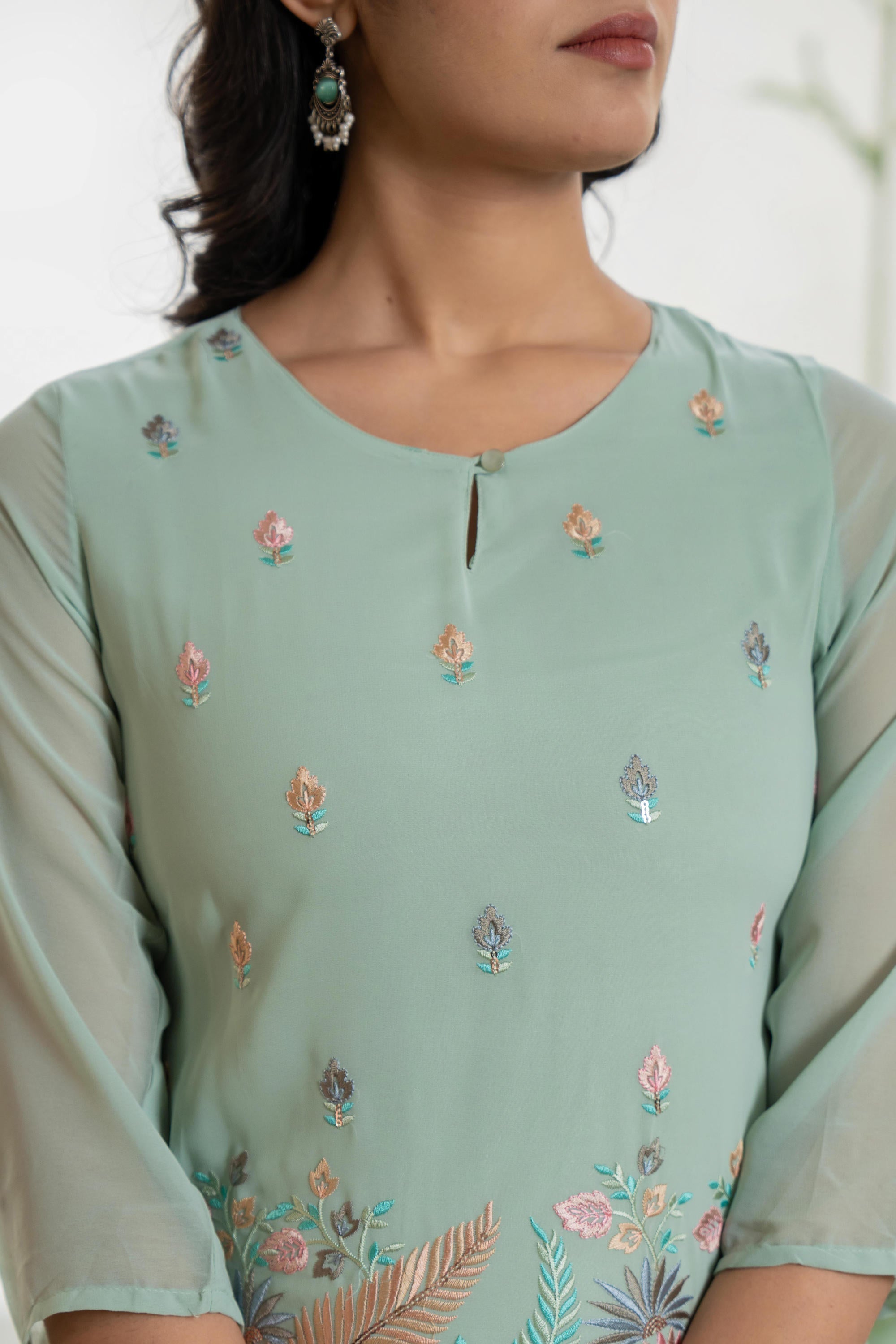 Juniper Women's Green Thread Embroidered Georgette Tunic Sharara & Dupatta Set With Sequins & Lace