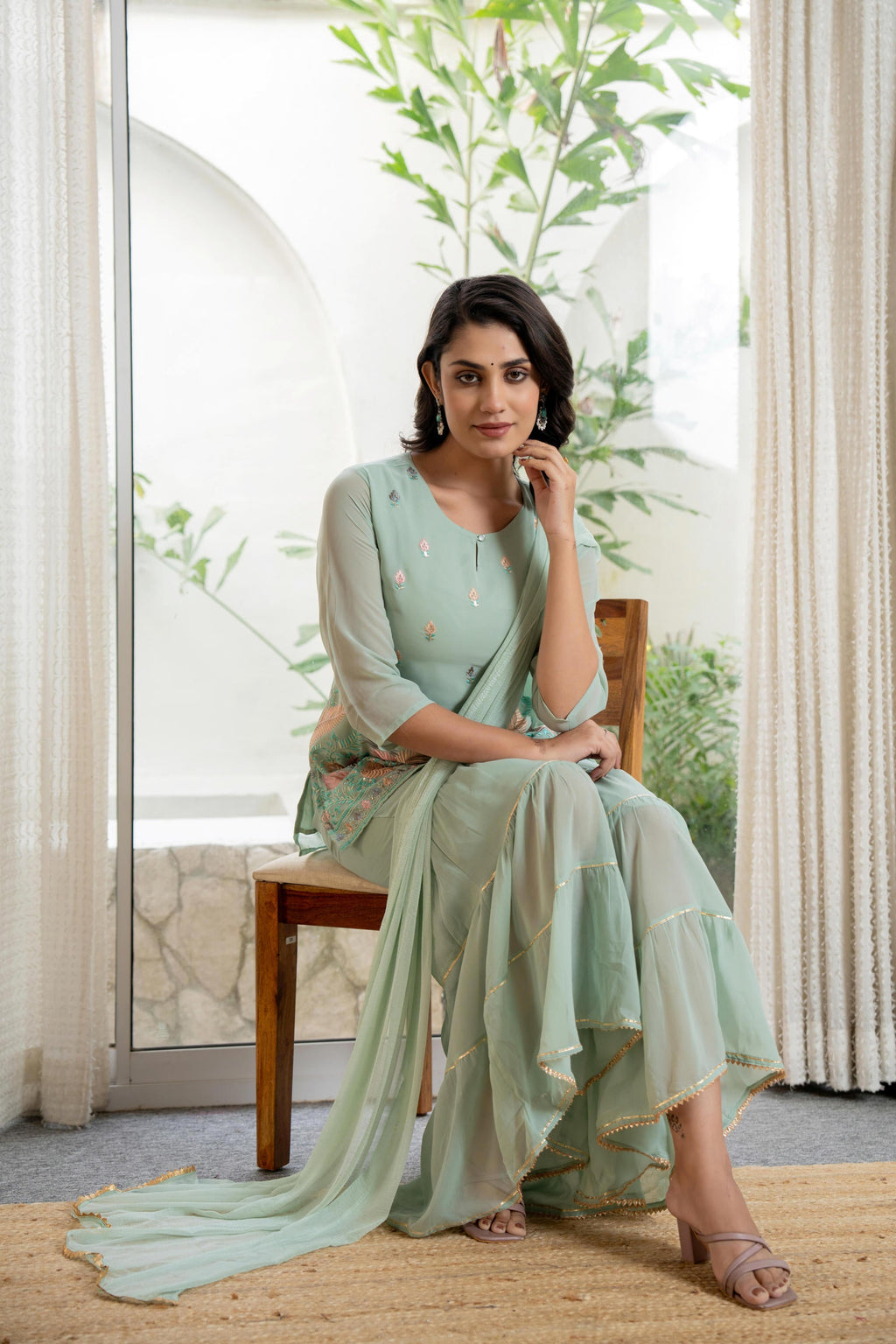Juniper Women's Green Thread Embroidered Georgette Tunic Sharara & Dupatta Set With Sequins & Lace
