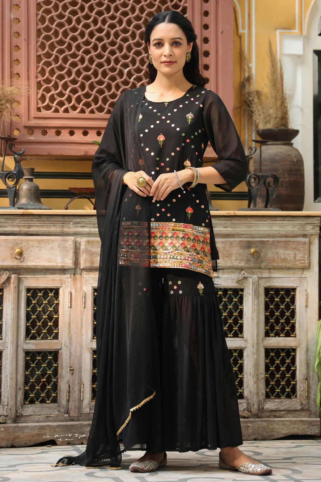 Juniper Women's Black Soild Georgette Tunic Sharara & Dupatta With With Thread & Mirror Work