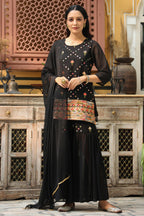 Juniper Women's Black Soild Georgette Tunic Sharara & Dupatta With With Thread & Mirror Work
