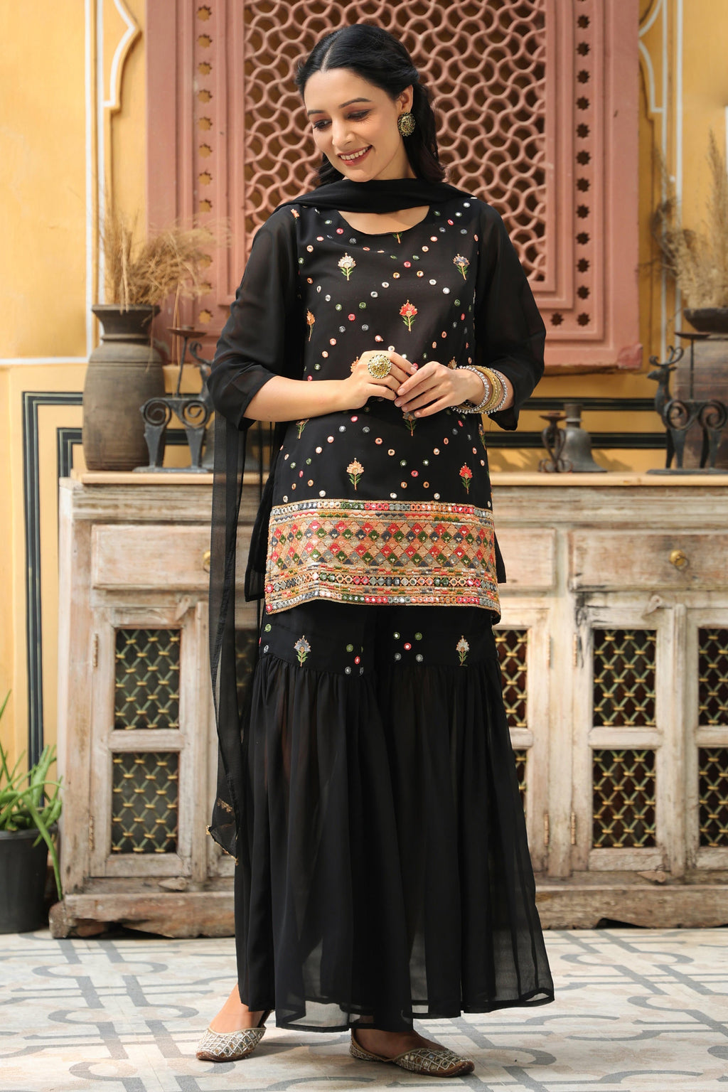 Juniper Women's Black Soild Georgette Tunic Sharara & Dupatta With With Thread & Mirror Work