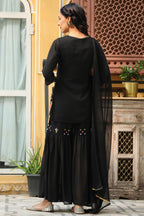 Juniper Women's Black Soild Georgette Tunic Sharara & Dupatta With With Thread & Mirror Work