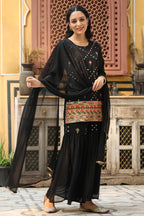Juniper Women's Black Soild Georgette Tunic Sharara & Dupatta With With Thread & Mirror Work
