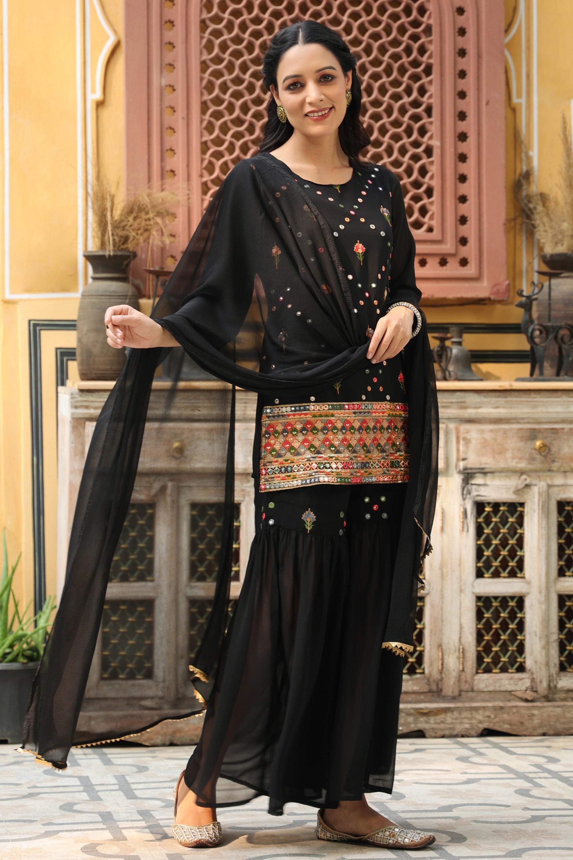 Juniper Women's Black Soild Georgette Tunic Sharara & Dupatta With With Thread & Mirror Work