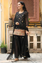 Juniper Women's Black Soild Georgette Tunic Sharara & Dupatta With With Thread & Mirror Work