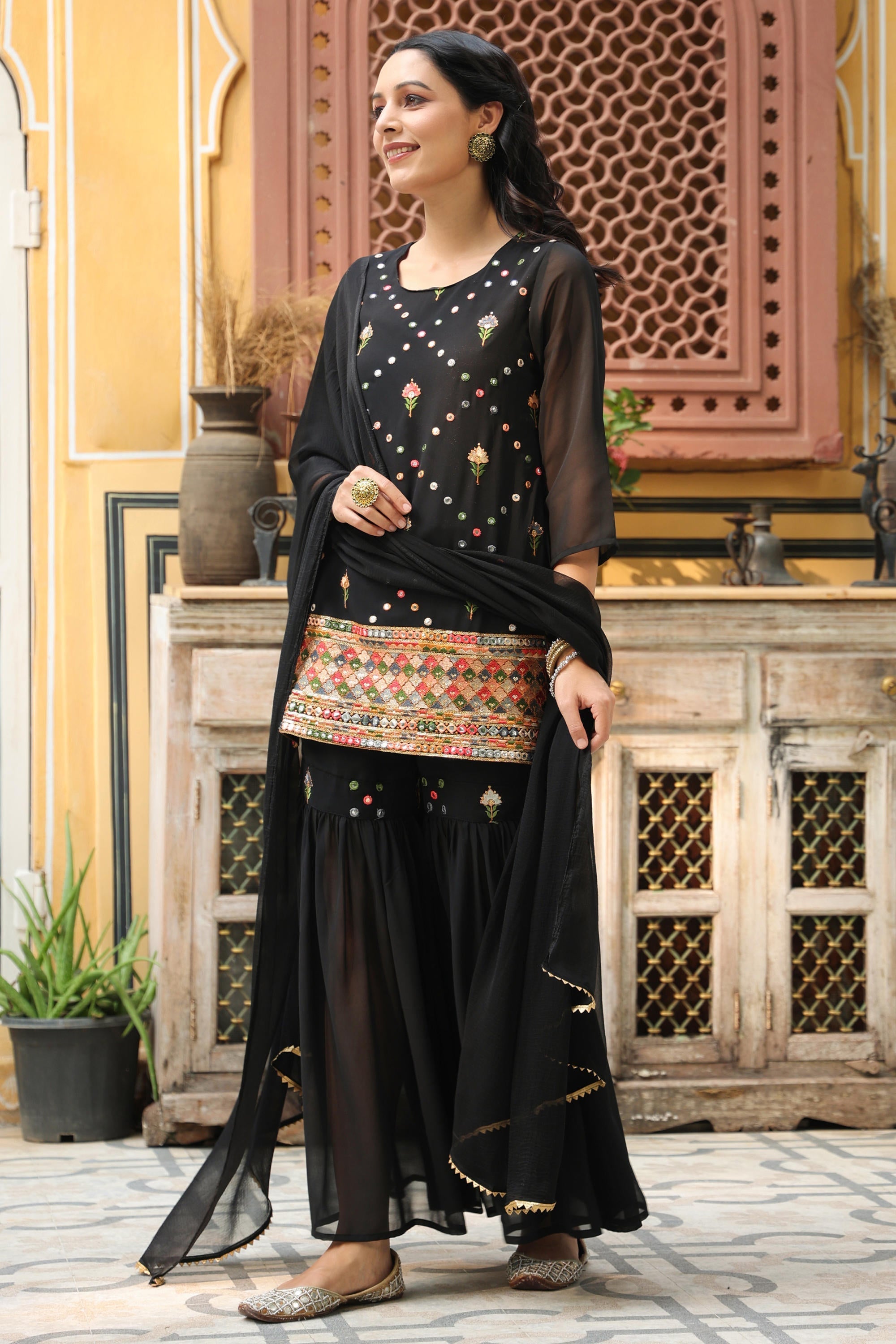Juniper Women's Black Soild Georgette Tunic Sharara & Dupatta With With Thread & Mirror Work