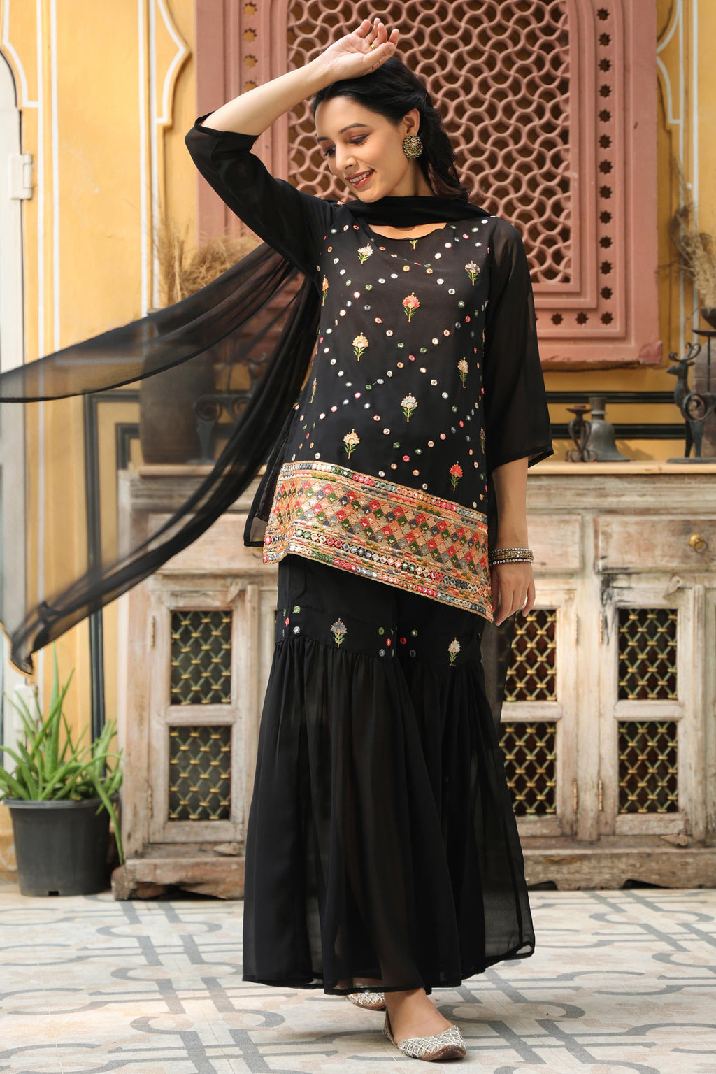 Juniper Women's Black Soild Georgette Tunic Sharara & Dupatta With With Thread & Mirror Work