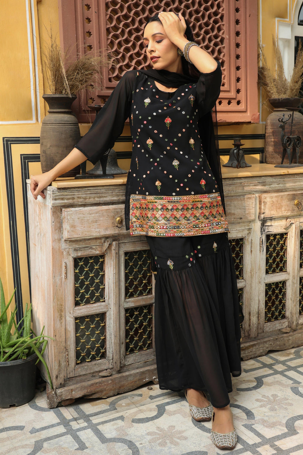 Juniper Women's Black Soild Georgette Tunic Sharara & Dupatta With With Thread & Mirror Work