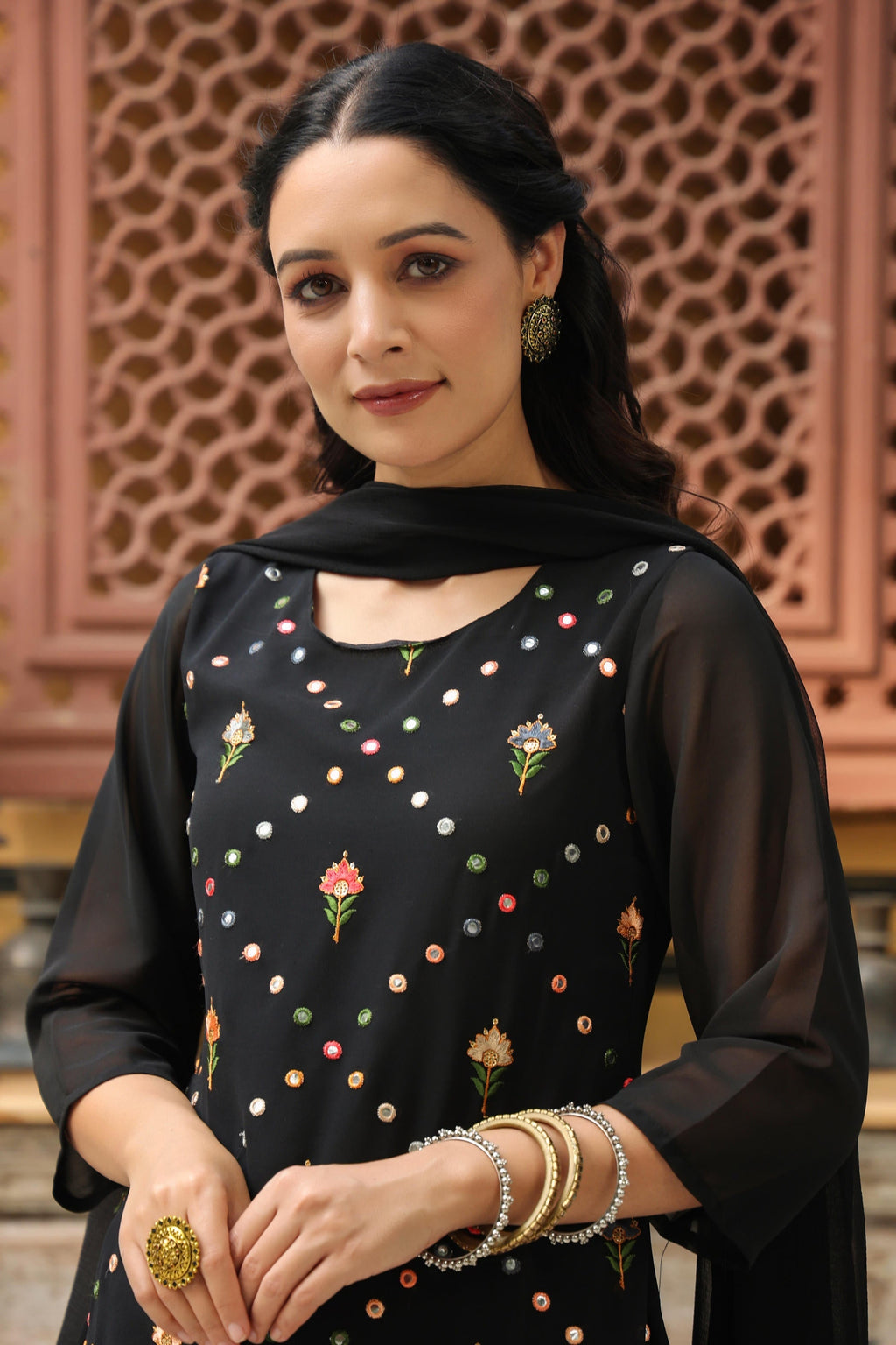 Juniper Women's Black Soild Georgette Tunic Sharara & Dupatta With With Thread & Mirror Work