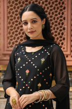 Juniper Women's Black Soild Georgette Tunic Sharara & Dupatta With With Thread & Mirror Work