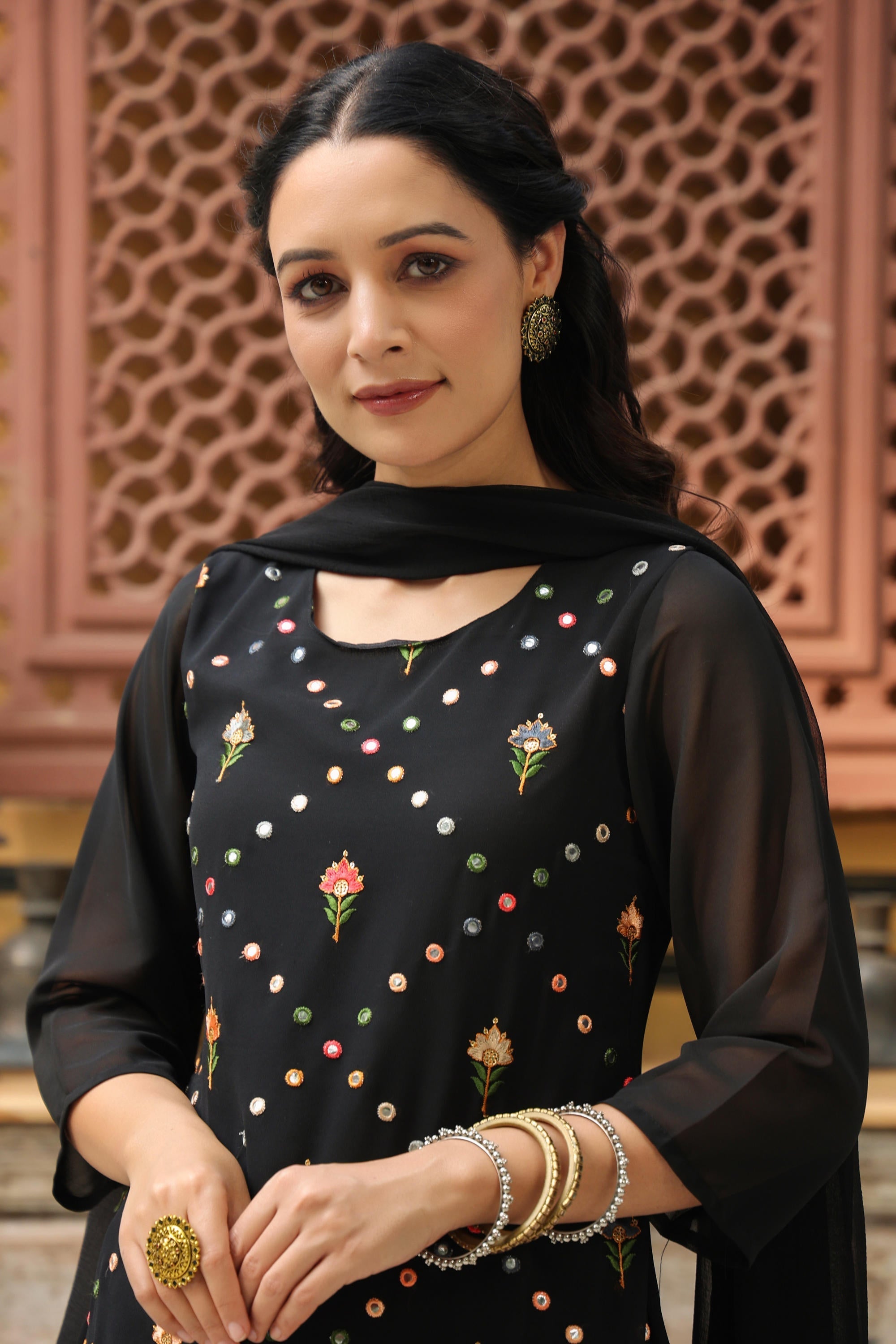 Juniper Women's Black Soild Georgette Tunic Sharara & Dupatta With With Thread & Mirror Work