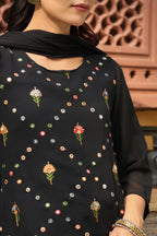 Juniper Women's Black Soild Georgette Tunic Sharara & Dupatta With With Thread & Mirror Work