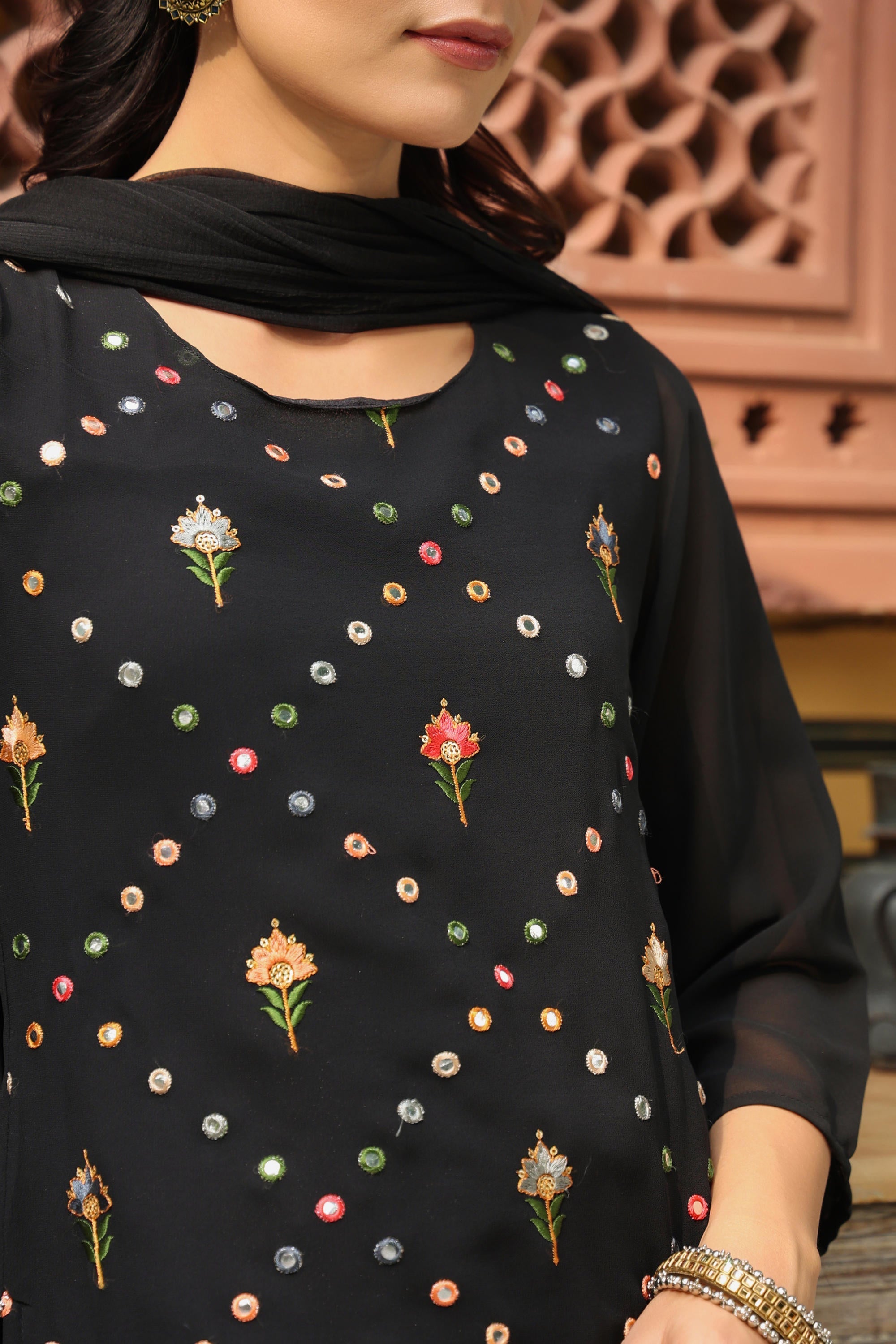 Juniper Women's Black Soild Georgette Tunic Sharara & Dupatta With With Thread & Mirror Work
