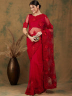 Sangria Red Floral Embroidered Saree - Distacart