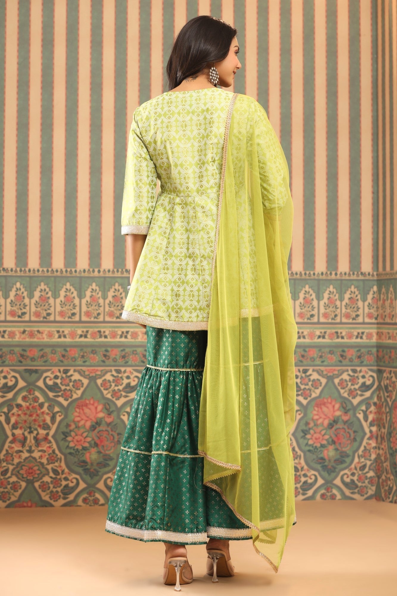 Juniper Green Geometric Printed Shantoon Slub Kurta Sharara & Dupatta Set With Lace Work - Distacart
