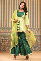 Juniper Green Geometric Printed Shantoon Slub Kurta Sharara & Dupatta Set With Lace Work - Distacart