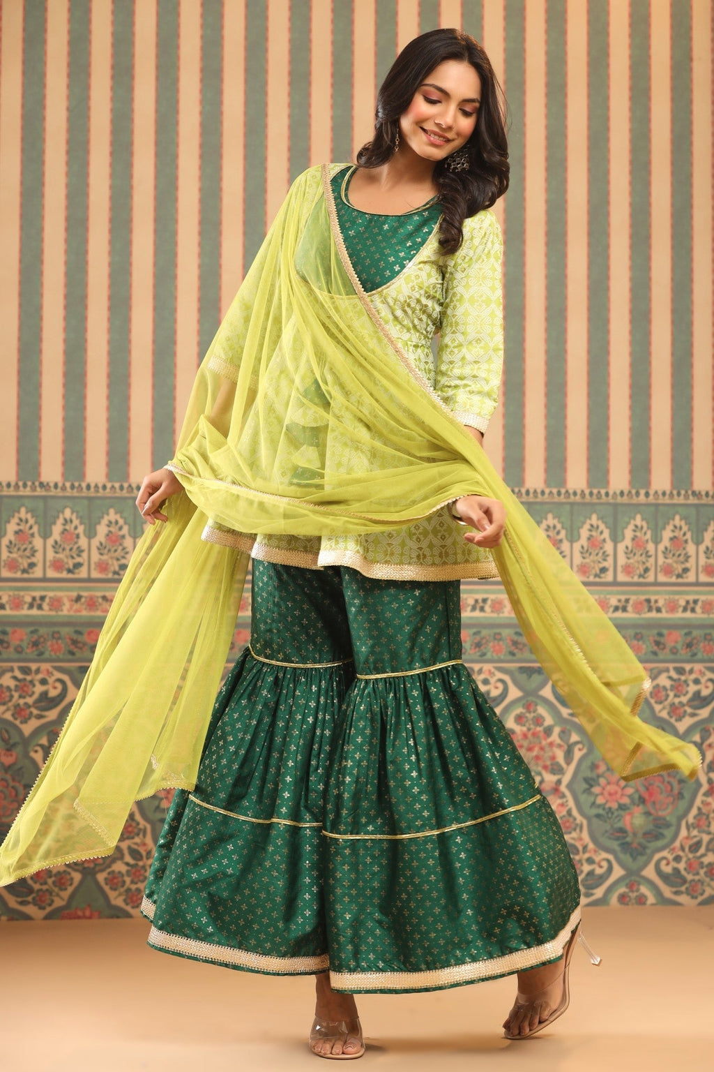 Juniper Green Geometric Printed Shantoon Slub Kurta Sharara & Dupatta Set With Lace Work - Distacart
