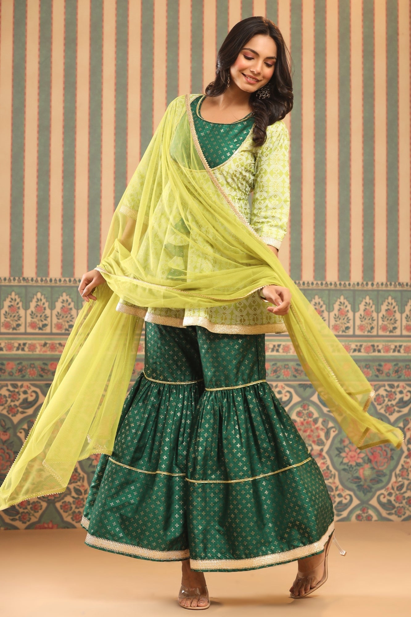 Juniper Green Geometric Printed Shantoon Slub Kurta Sharara & Dupatta Set With Lace Work - Distacart