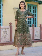 Juniper Women's Olive Green Ethnic Motif Printed Chanderi Dress With Sequins & Zari Work - Distacart