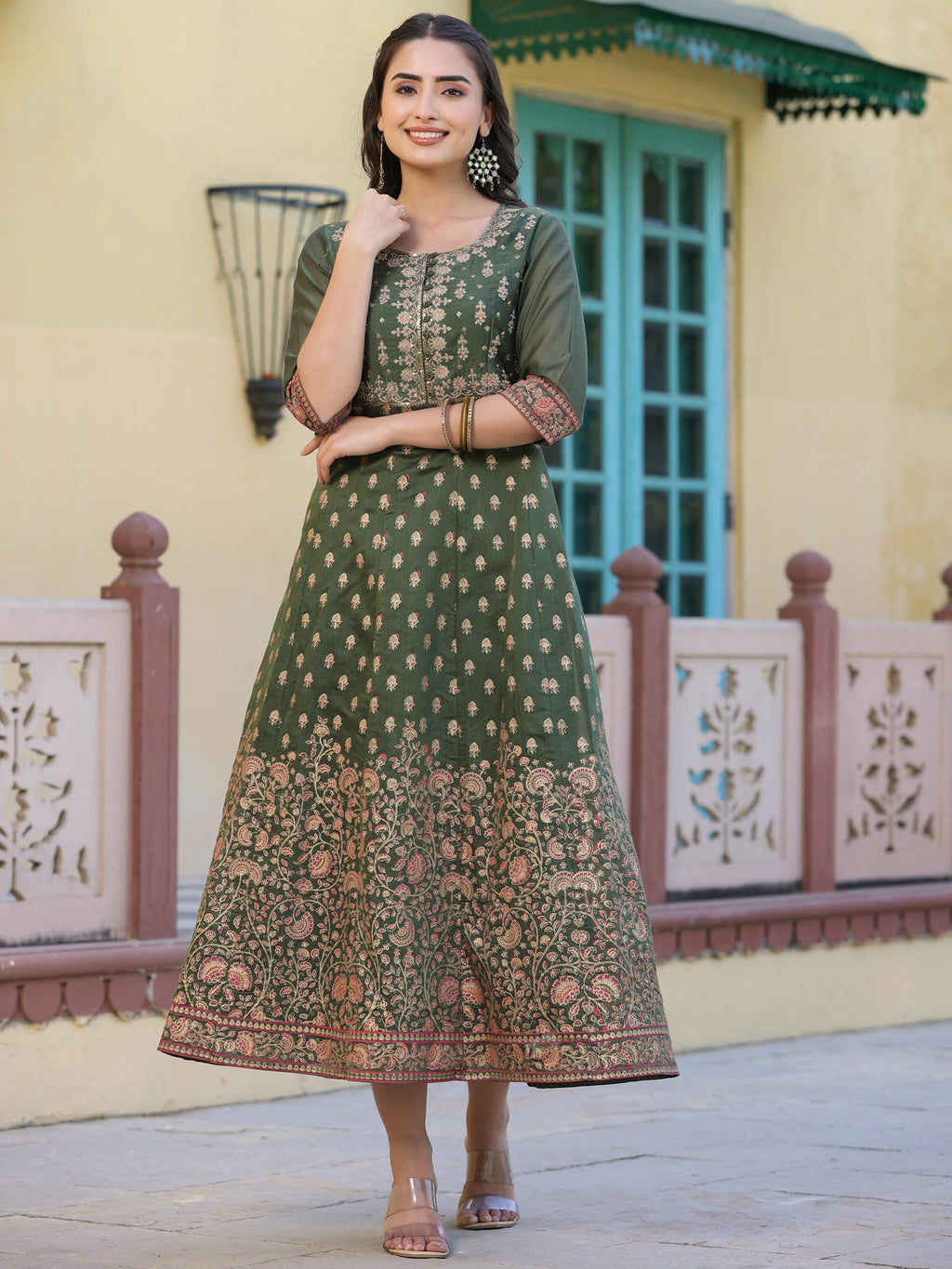 Juniper Women's Olive Green Ethnic Motif Printed Chanderi Dress With Sequins & Zari Work - Distacart