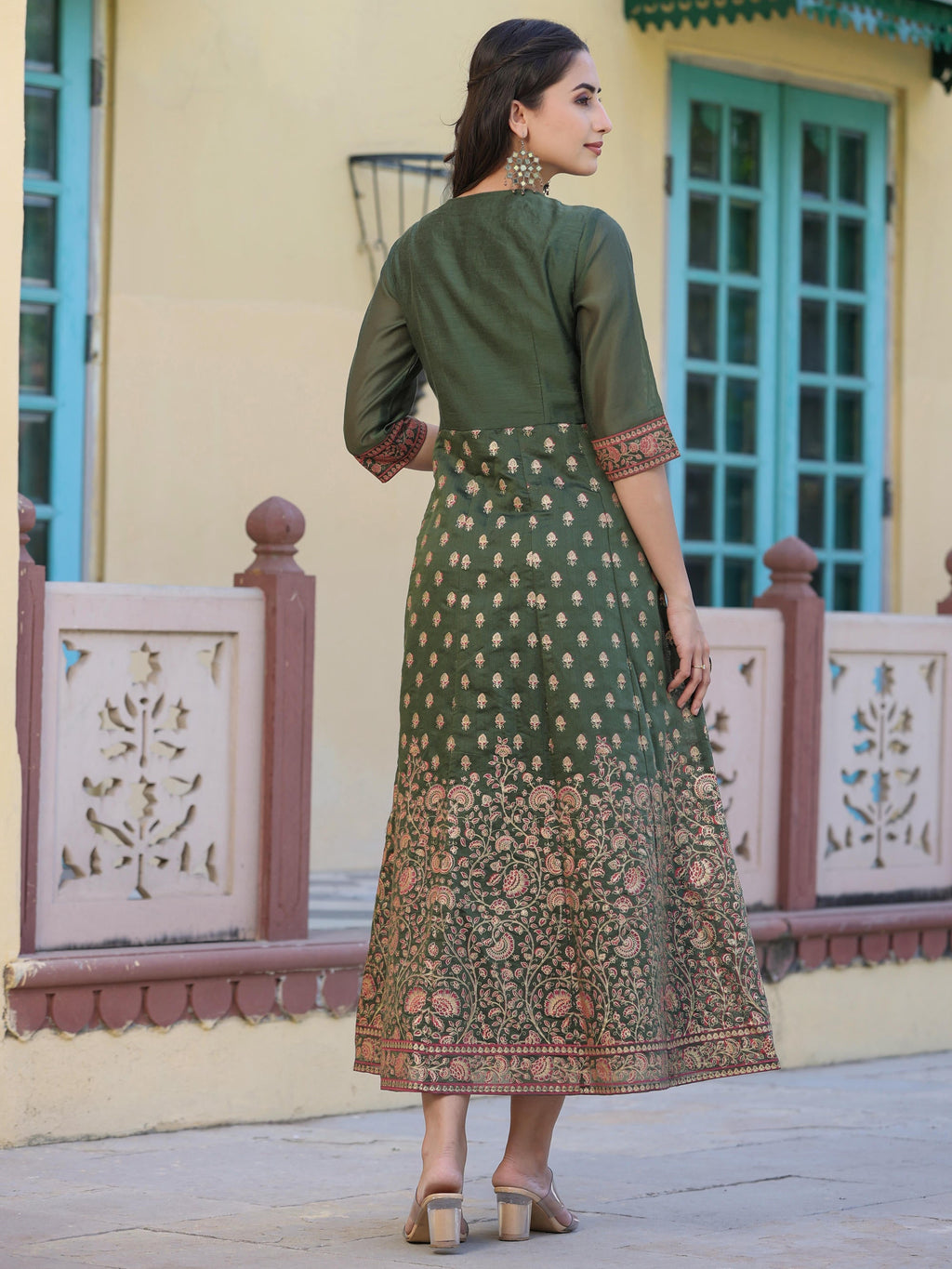 Juniper Women's Olive Green Ethnic Motif Printed Chanderi Dress With Sequins & Zari Work - Distacart