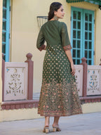 Juniper Women's Olive Green Ethnic Motif Printed Chanderi Dress With Sequins & Zari Work - Distacart