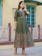 Juniper Women's Olive Green Ethnic Motif Printed Chanderi Dress With Sequins & Zari Work - Distacart