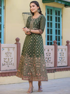 Juniper Women's Olive Green Ethnic Motif Printed Chanderi Dress With Sequins & Zari Work - Distacart