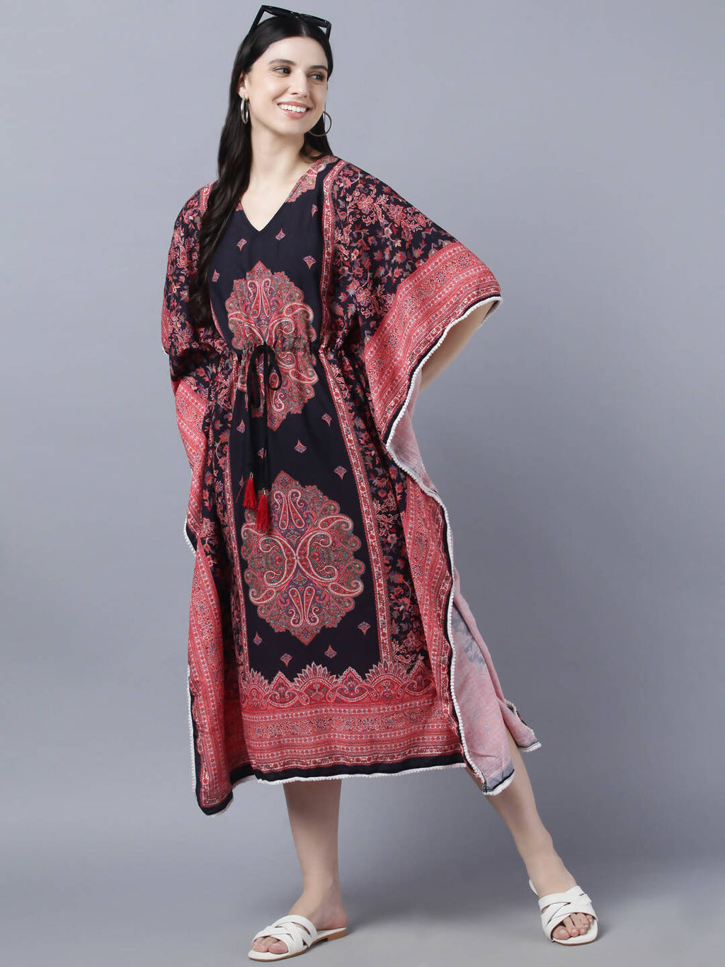 Myshka Peach-Coloured Purple Floral Kaftan Midi Dress - Distacart