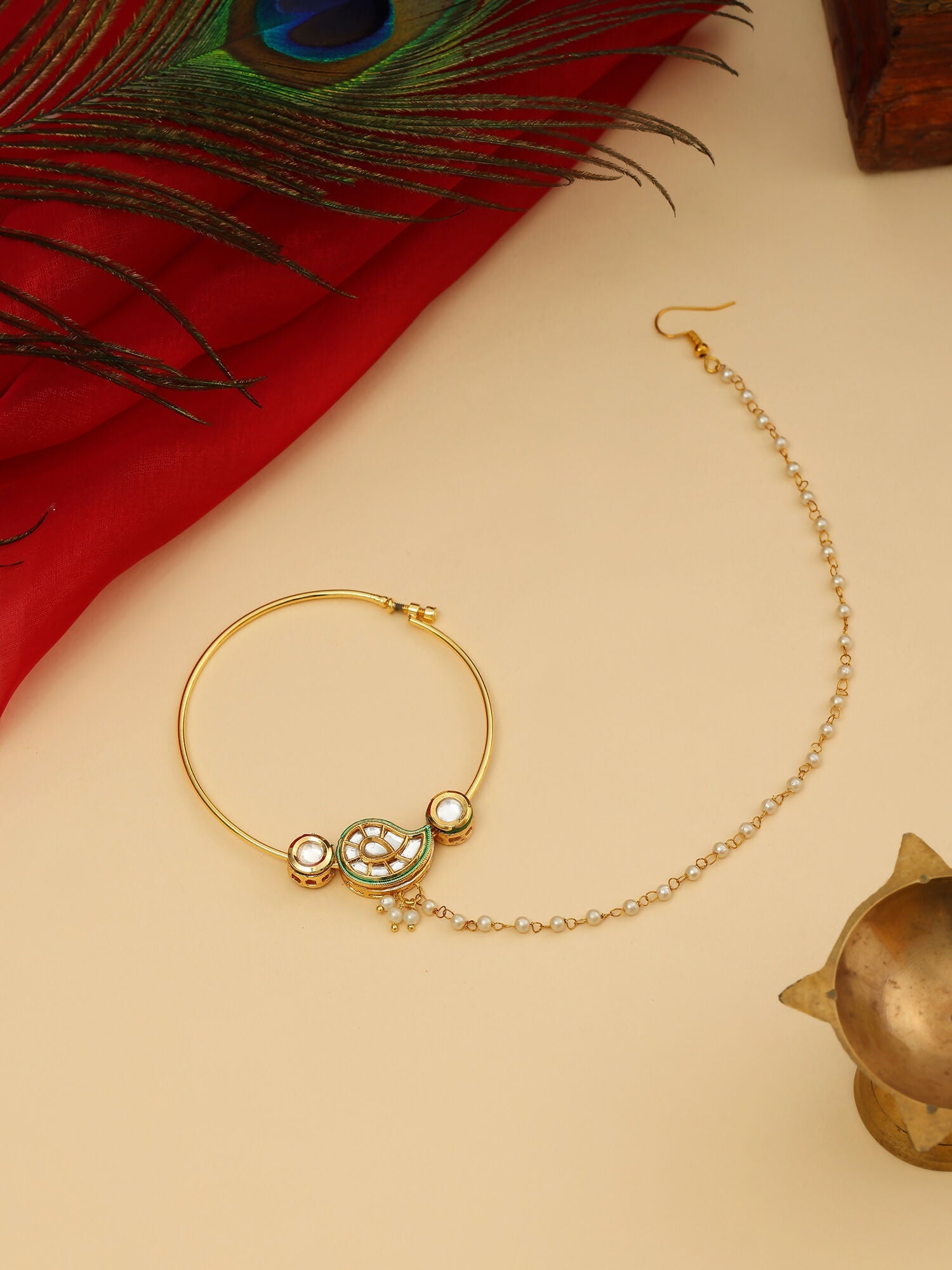 Ruby Raang 22k Gold Polished Kundan Maharani Nose Ring (Clip On)