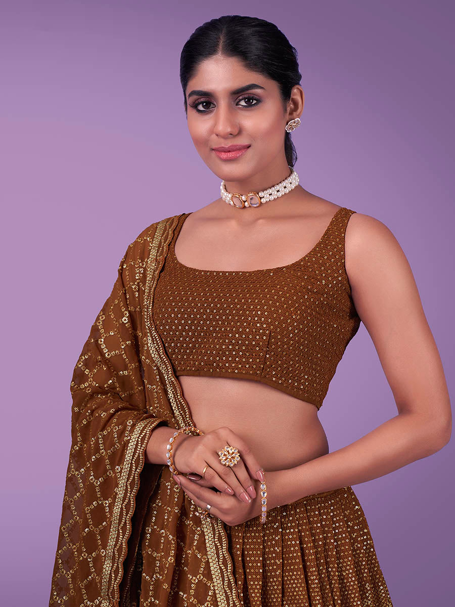 Myra Brown Georgette Embroidered Designer Lehenga