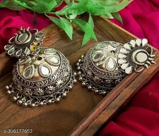 Tehzeeb Creations Women's Silver Colour Oxidised Earrings With Mirror Work - Distacart