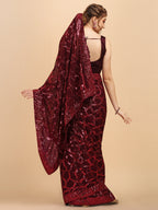 Sangria Burgundy Sequinned Pure Georgette Heavy Work Saree - Distacart