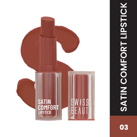 Swiss Beauty Satin Comfort Smooth Glide, Highly Pigmented , Ultra Hydrating Lipstick - 3 Roasted Brown
