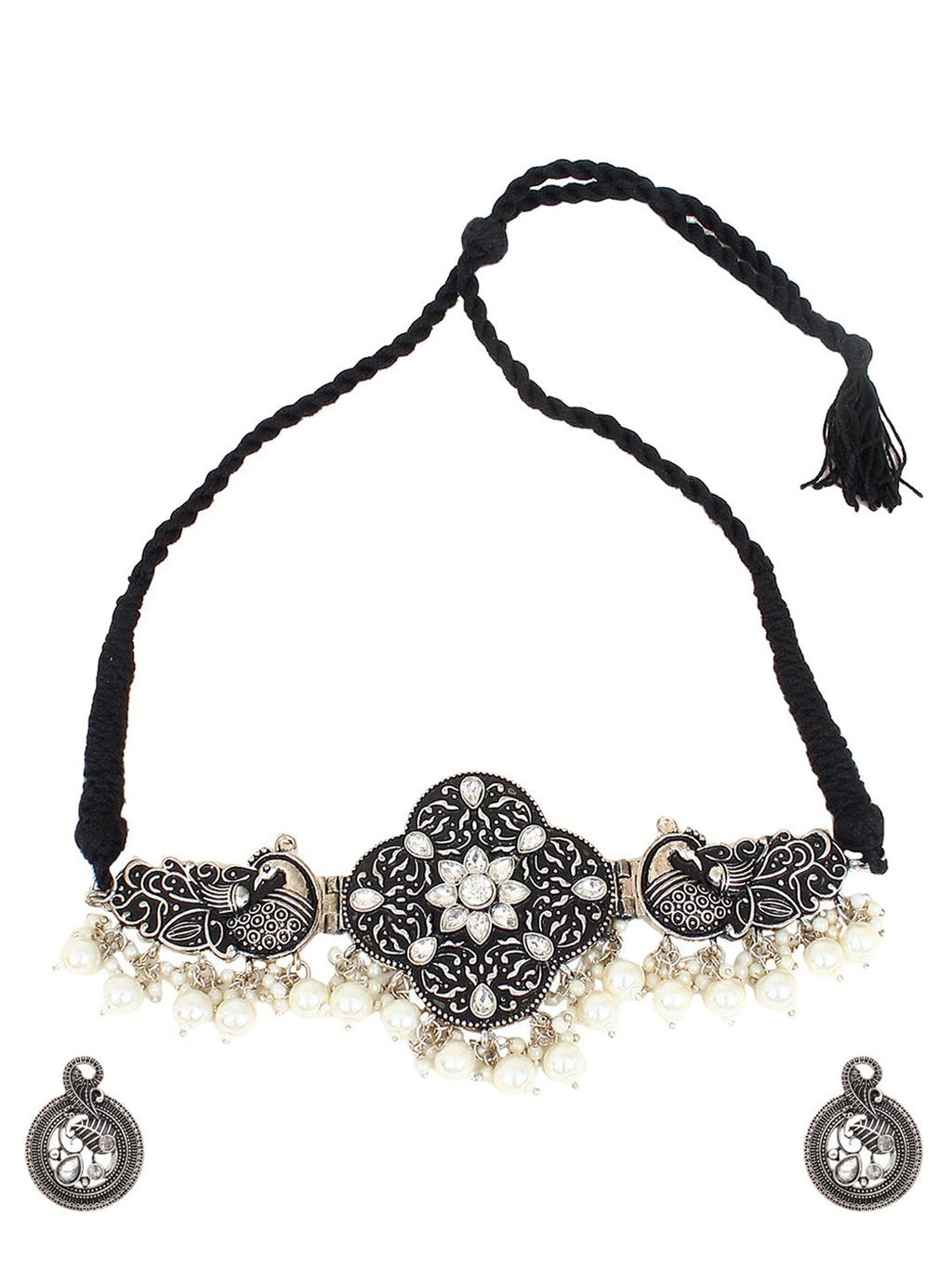 Cardinal Silver-Toned Black Colored Oxidized Choker Jewellery Set - Distacart