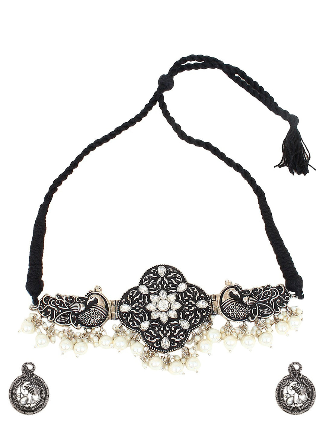 Cardinal Silver-Toned Black Colored Oxidized Choker Jewellery Set - Distacart