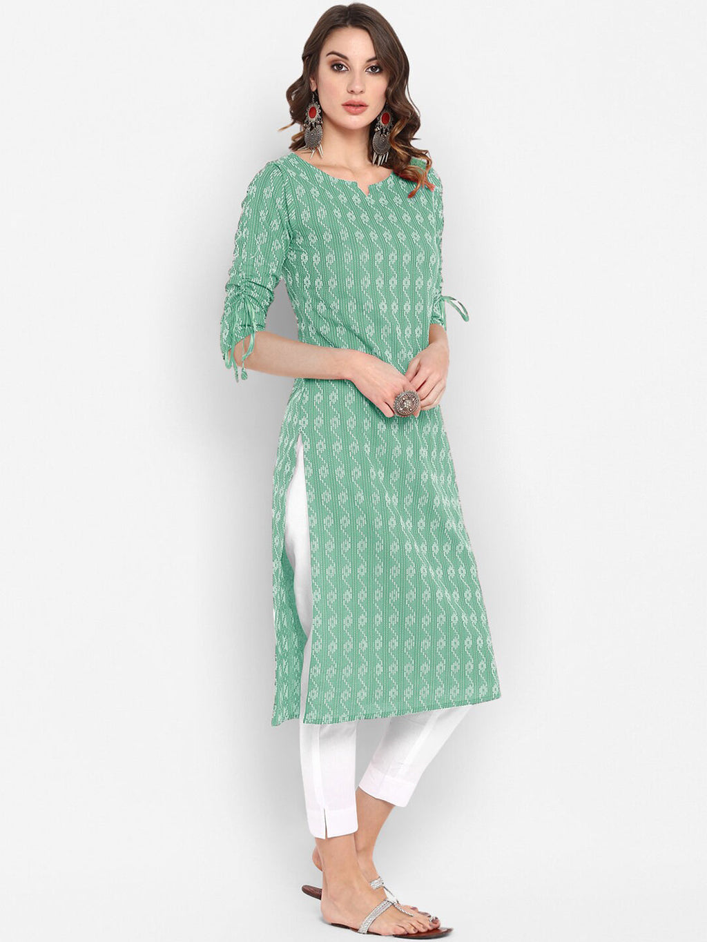 Janasya Green Geometric Printed Cotton Kurta - Distacart