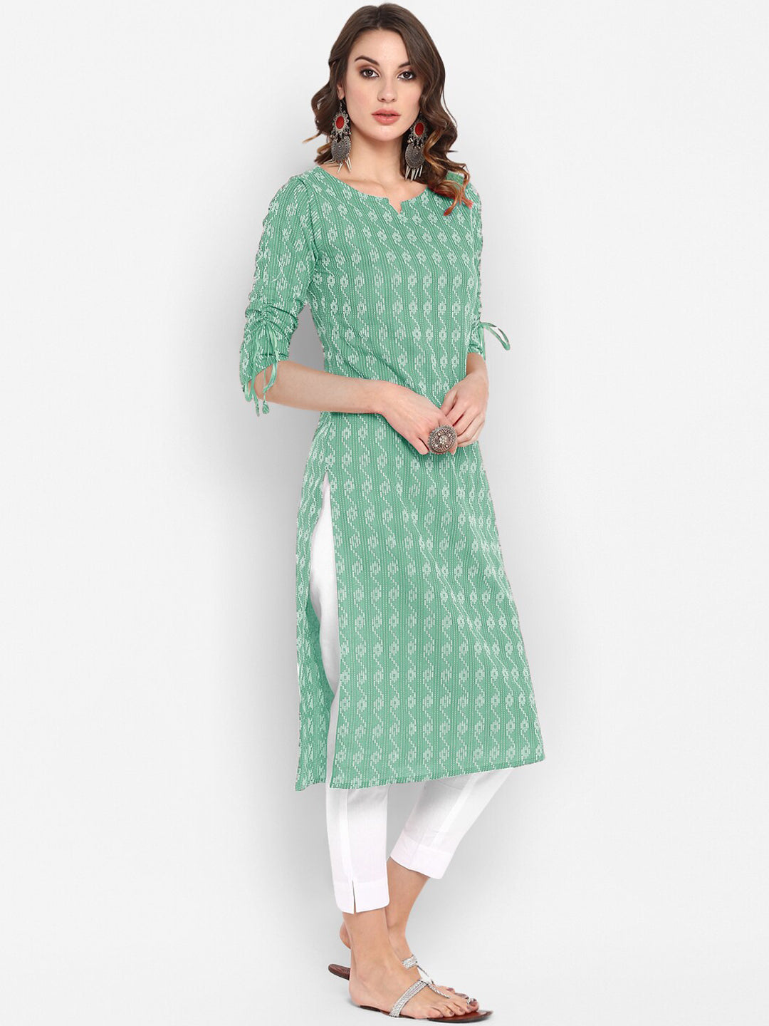 Janasya Green Geometric Printed Cotton Kurta - Distacart