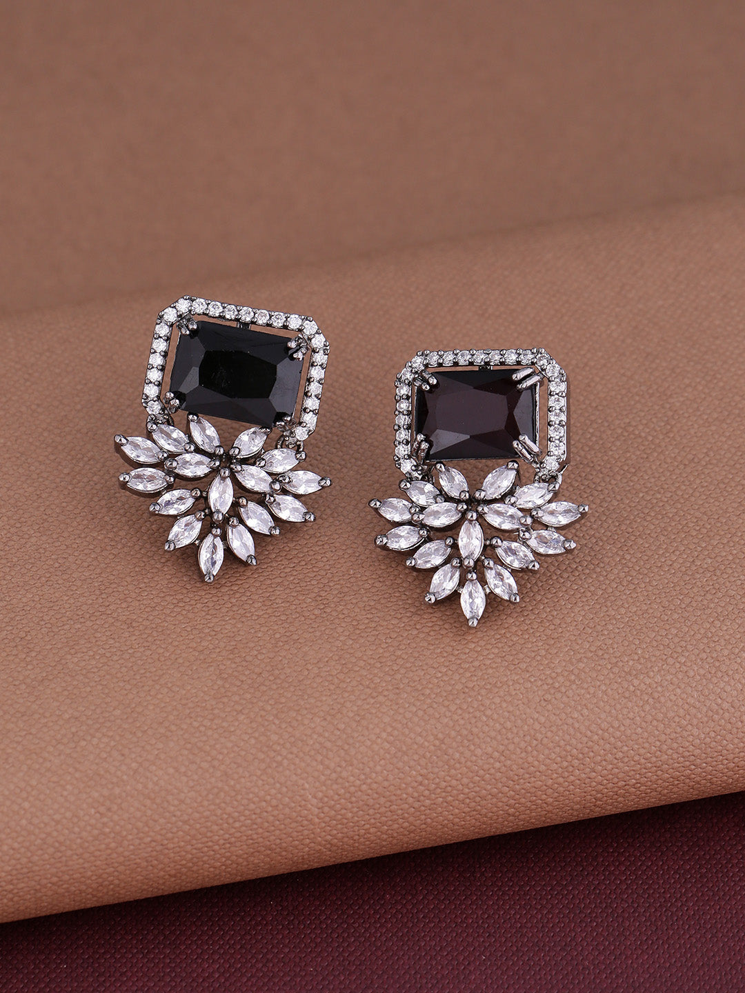 Shoshaa Silver-Plated & Black CZ Studded Contemporary Drop Earrings - Distacart