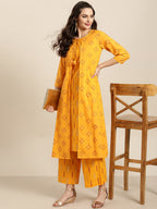 Sangria Women Mustard Yellow & Red Pure Cotton Printed Kurta with Palazzos