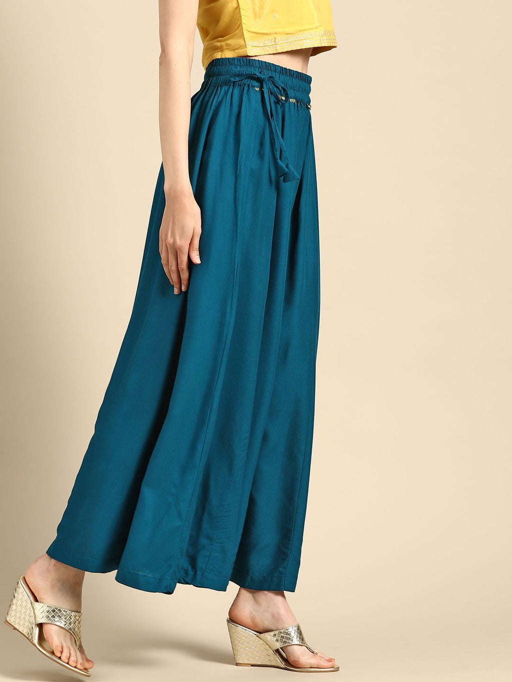 TAG 7 Women Teal Blue Solid Flared Palazzos