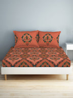 SPACES Aurum Peach Ethnic Motifs Pure Cotton 140 TC Queen Bedsheet with 2 Pillow Covers