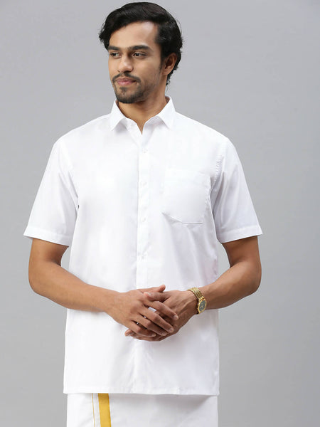 Ramraj Cotton Mens Half Sleeve Formal Poly Cotton White Shirt
