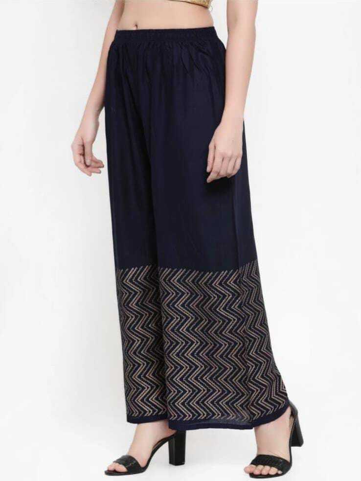 PAVONINE Navy Blue Color Rayon Fabric Zig-Zag Printed Palazzo For Women - Distacart