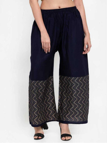 PAVONINE Navy Blue Color Rayon Fabric Zig-Zag Printed Palazzo For Women