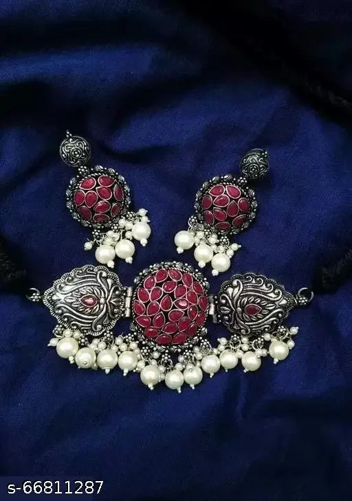 Tehzeeb Creations Women's Maroon Colour Meenakari Necklace Set With White Pearl