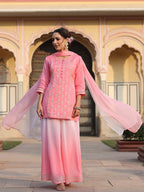 Juniper Women's Pink Solid Viscose Kurta Pant & Dupatta With Mirror Work & Gota Patti