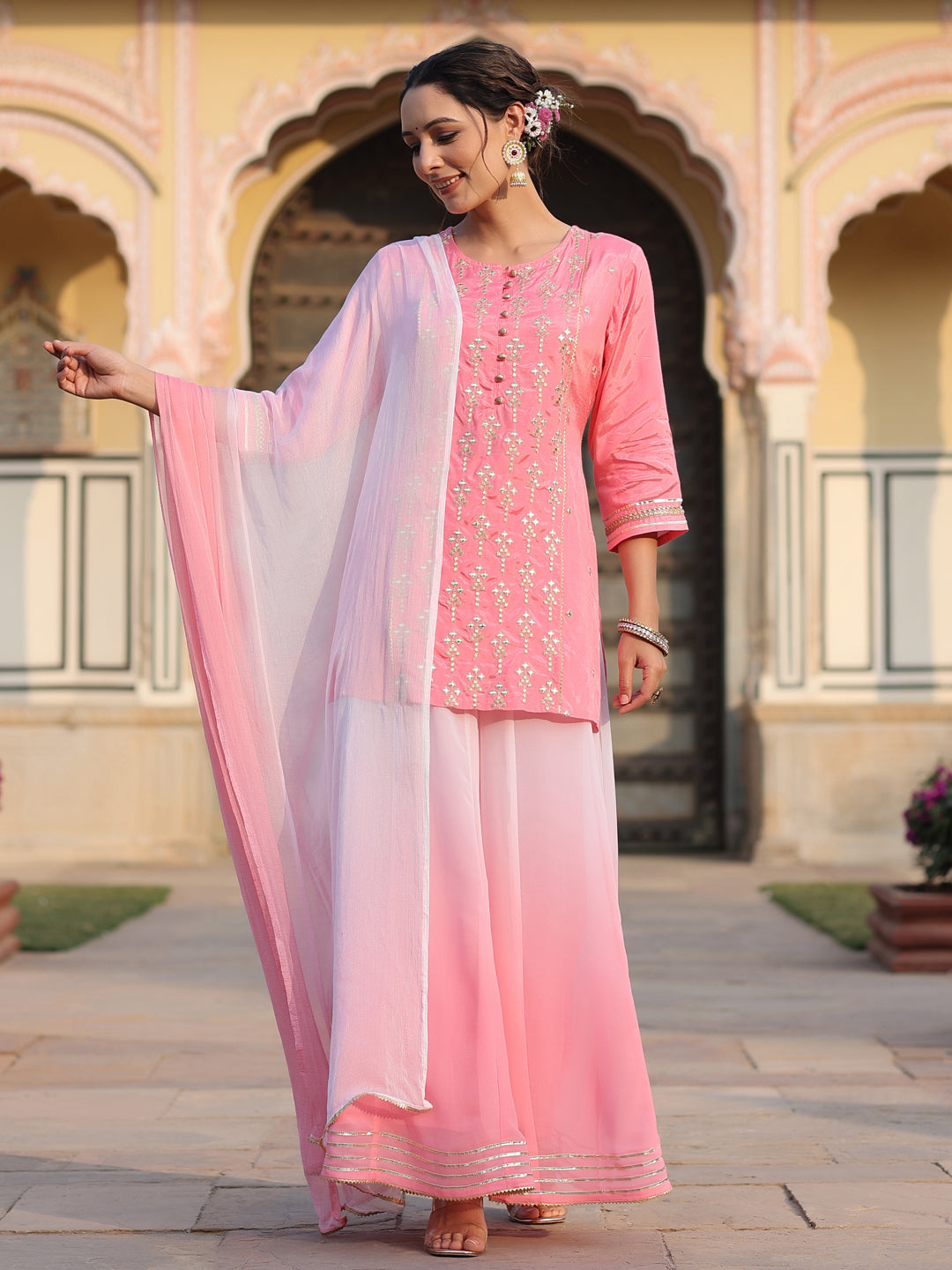 Juniper Women's Pink Solid Viscose Kurta Pant & Dupatta With Mirror Work & Gota Patti
