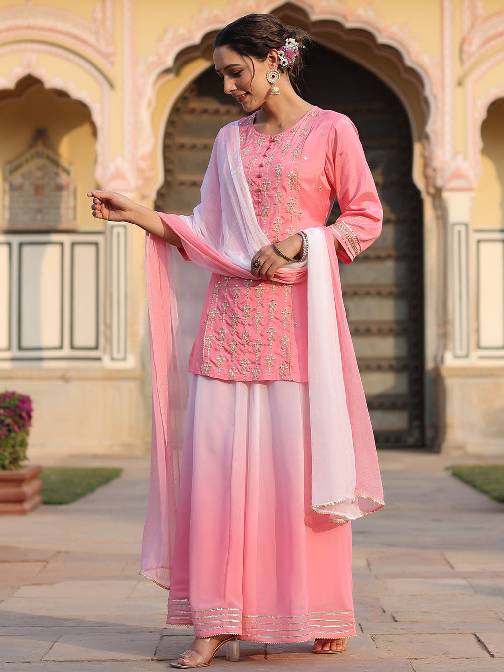 Juniper Women's Pink Solid Viscose Kurta Pant & Dupatta With Mirror Work & Gota Patti