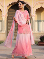 Juniper Women's Pink Solid Viscose Kurta Pant & Dupatta With Mirror Work & Gota Patti